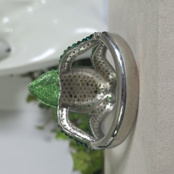 Silver Statement Bracelet Green Cubic Zirconia Frog Clamper Hinge - Picture 8 of 11